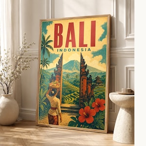 Bali Travel Poster | Vintage Rice Terraces Print | Indonesia Wall Art | Printed & Shipped image 1