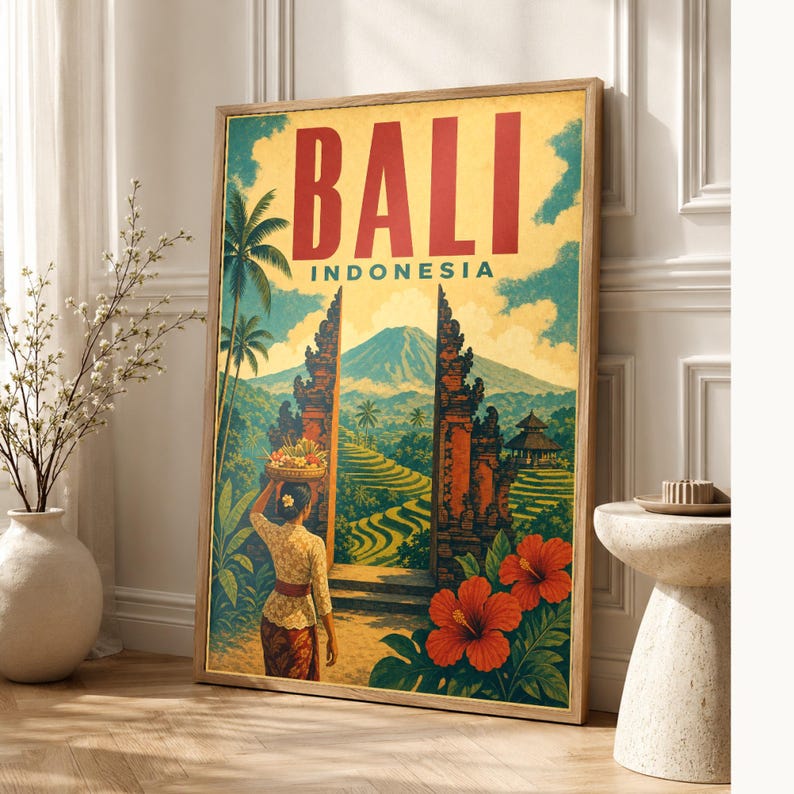 Bali Travel Poster | Vintage Rice Terraces Print | Indonesia Wall Art | Printed & Shipped image 1