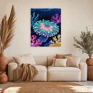 Bioluminescent Sea Anemone Poster | Deep Sea Ocean Bathroom Wall Art Print | Dark Coastal Night Print image 8
