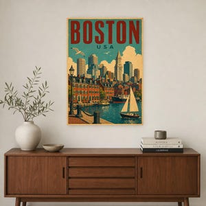 Boston Travel Poster | Vintage 1950s Skyline Harbor Print | Retro Massachusetts Wall Art Print | Mid Century City Decor image 2