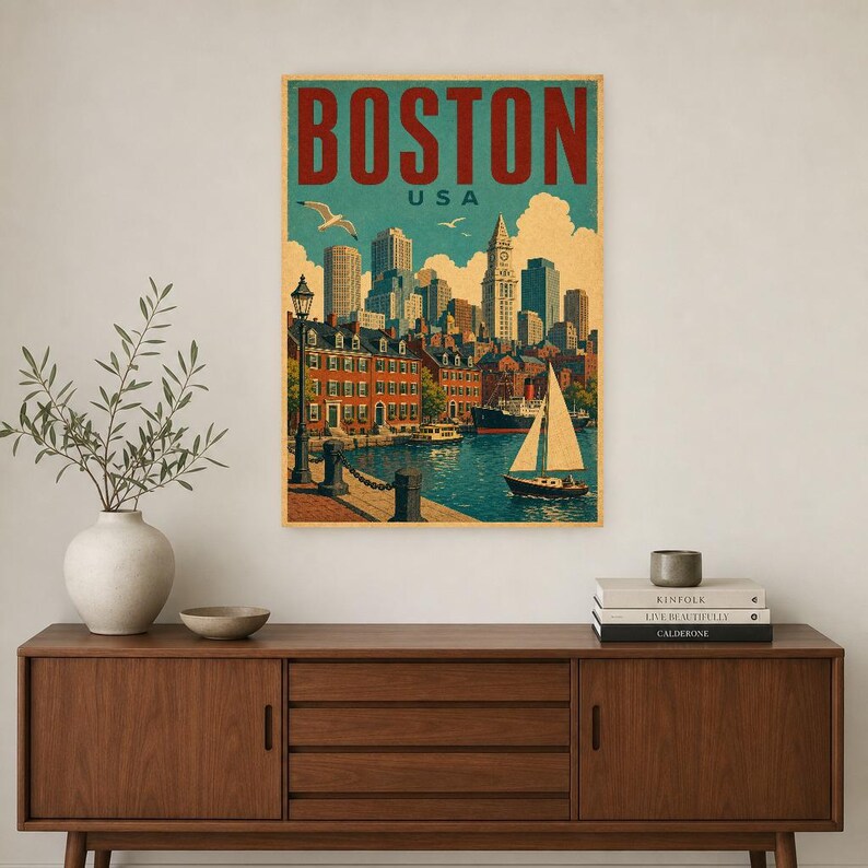 Boston Travel Poster | Vintage 1950s Skyline Harbor Print | Retro Massachusetts Wall Art Print | Mid Century City Decor image 2