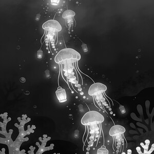 Bioluminescent Jellyfish Poster | Deep Sea Ocean Bathroom Wall Art Print | Dark Coastal Night Print image 17