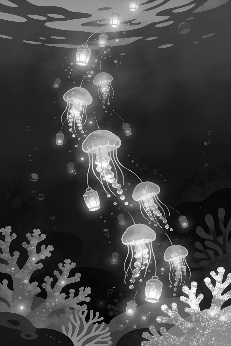 Bioluminescent Jellyfish Poster | Deep Sea Ocean Bathroom Wall Art Print | Dark Coastal Night Print image 17