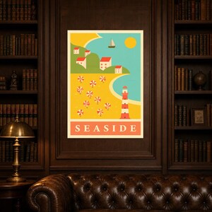 Zestaw grafik ściennych „Saffron Coastal Travel” | Plakat retro z plażą | Wydruk w galerii Seaside zdjęcie 5