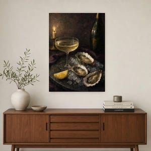 Moody Oysters Champagne Wall Art | Dark Food Still Life Poster | Kitchen Wall Art Print | Aperitivo Art image 2