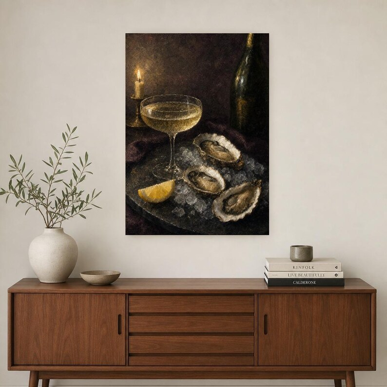 Moody Oysters Champagne Wall Art | Dark Food Still Life Poster | Kitchen Wall Art Print | Aperitivo Art image 2