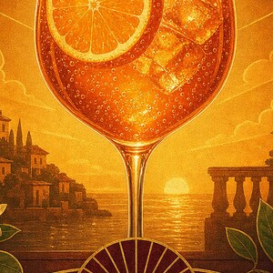 Pomarańczowy Art Deco Aperol Spritz Przepis na ścianę | Plakat z przepisem na złoty koktajl | Druk dekoracyjny wózka barowego | Aperitivo Ar zdjęcie 3