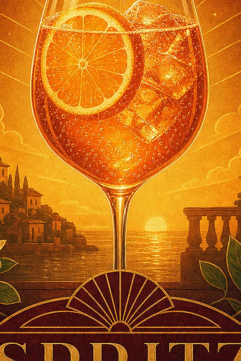 Pomarańczowy Art Deco Aperol Spritz Przepis na ścianę | Plakat z przepisem na złoty koktajl | Druk dekoracyjny wózka barowego | Aperitivo Ar zdjęcie 3