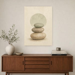 Sage Sand Japandi Wall Art Print | Neutral Gallery Wall Set | Wabi Sabi Stacked Stones Print image 2