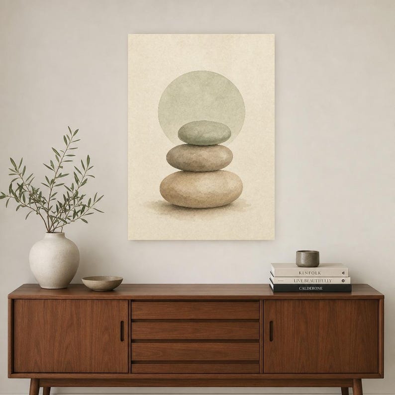 Sage Sand Japandi Wall Art Print | Neutral Gallery Wall Set | Wabi Sabi Stacked Stones Print image 2