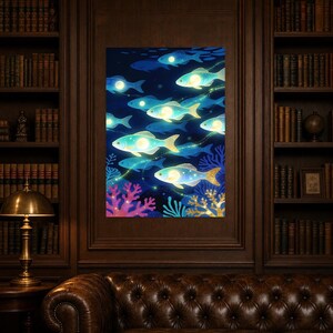 Bioluminescent Fish Shoal Poster | Deep Sea Ocean Bathroom Wall Art Print | Dark Coastal Night Print image 7