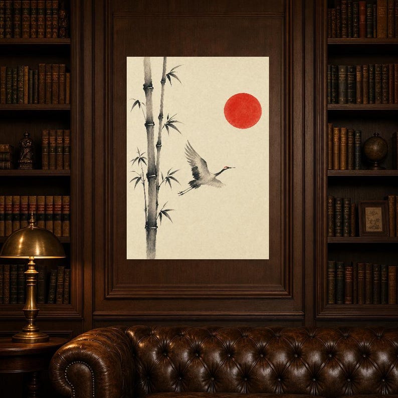 Red Sun Japandi Wall Art Print | Ink Crane and Bamboo | Sumi-e Wabi Sabi Living Room Print image 6