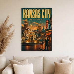 Póster turístico de Kansas City | Lámina vintage de las fuentes de jazz de los años 50 | Lámina decorativa de Missouri | Decoración urbana de mediados de siglo imagen 3