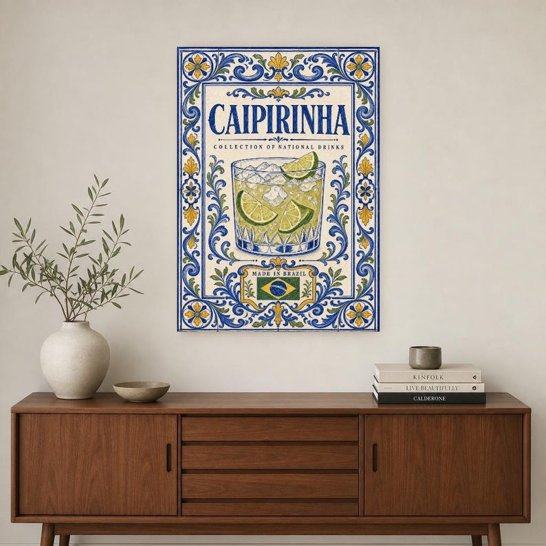 Caipirinha Cocktail Tile Wall Art Print | Brazil National Drink Poster | Azulejo Bar Cart Print | Maiolica Kitchen Decor image 2