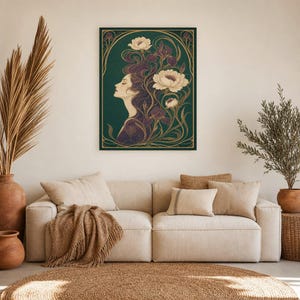 Art Nouveau Wall Art Print | Woman with Iris Flowers Poster | Modern New Botanical | Jade Plum Ivory Elegant Wall Decor image 7