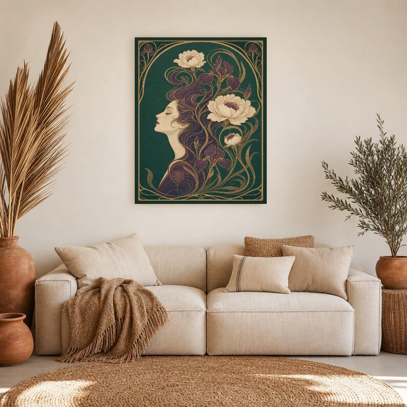 Art Nouveau Wall Art Print | Woman with Iris Flowers Poster | Modern New Botanical | Jade Plum Ivory Elegant Wall Decor image 7