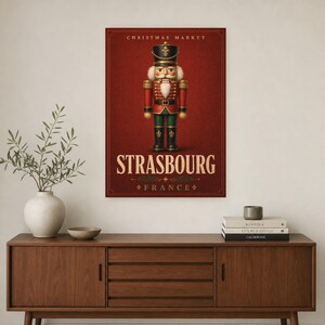 Cartel del cascanueces del mercado navideño de Estrasburgo | Arte de pared de vacaciones de Francia | Impresión navideña vintage | Decoració imagen 2