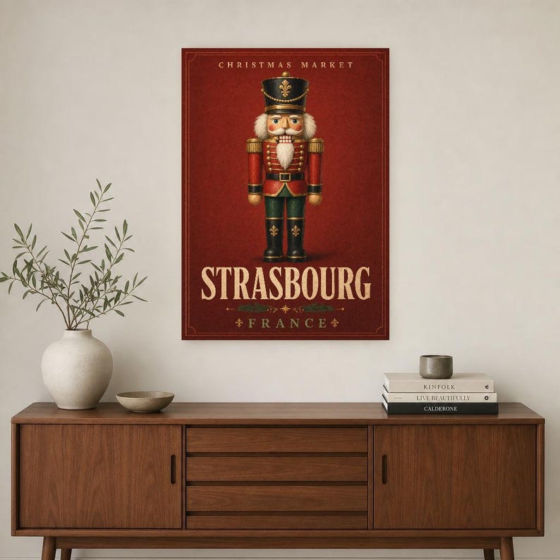 Cartel del cascanueces del mercado navideño de Estrasburgo | Arte de pared de vacaciones de Francia | Impresión navideña vintage | Decoració imagen 2