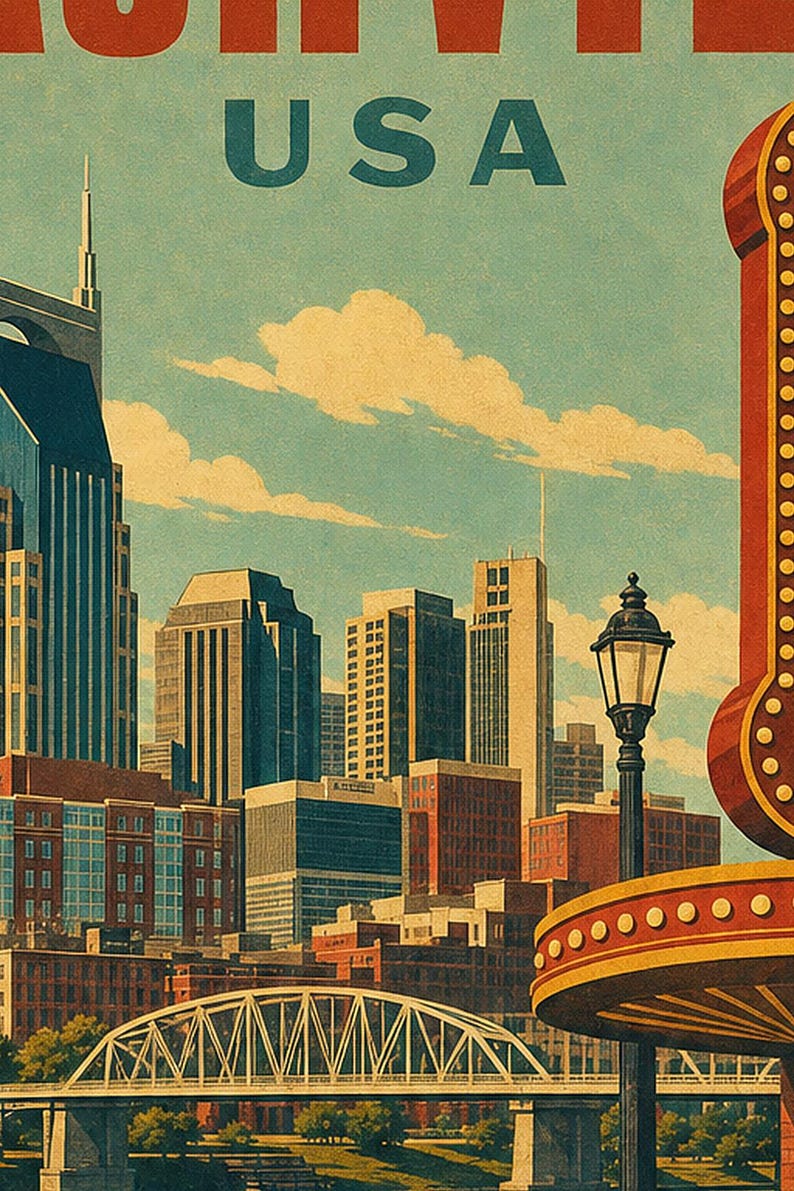 Nashville Travel Poster | Vintage 1950s Music City Print | Retro Tennessee Wall Art | Mid Century City Decor image 3