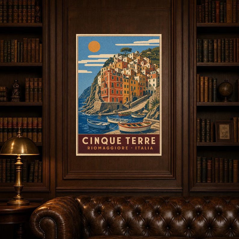 Cinque Terre Travel Poster | Riomaggiore Vintage Wall Art Print | Italian Coast Print | Italian Riviera Decor | Colorful Village Art image 5