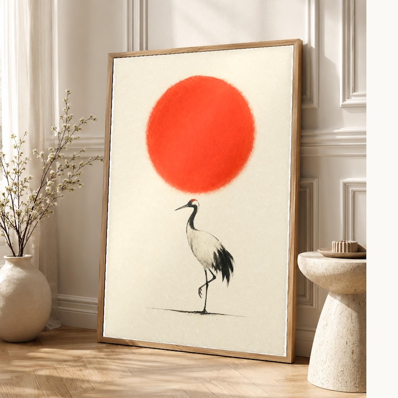 Minimale Rote Sonne Japandi Wandkunst | Einzelkran-Tintendruck | Zen-Wandkunst-Poster Bild 1