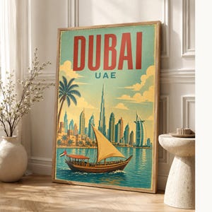 ドバイ旅行ポスター｜ヴィンテージ風スカイラインプリント｜UAEウォールアート｜印刷・発送 画像 1