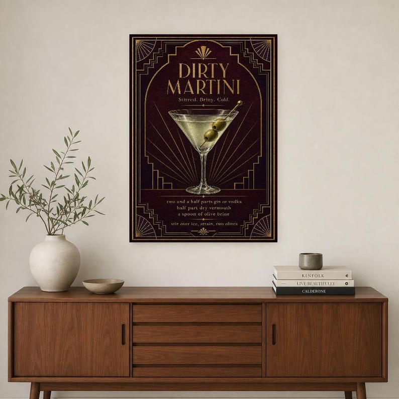 Olive Green Art Deco Dirty Martini Recipe Wall Art Print | Gold Cocktail Recipe Poster | Bar Cart Decor Print | Kitchen Wall Art image 2
