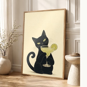 Arte de pared Margarita de gato negro | Cartel de cóctel de lima | Impresión del carrito de la barra | Decoración divertida del bar Noir Cat imagen 1