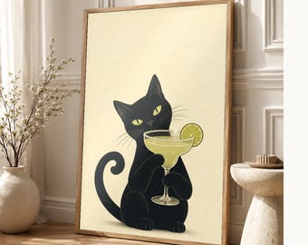 Black Cat Margarita Wall Art Print | Lime Cocktail Poster | Bar Cart Print | Funny Black Cat Club Bar Decor