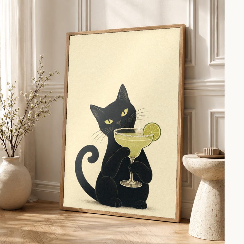 Arte de pared Margarita de gato negro | Cartel de cóctel de lima | Impresión del carrito de la barra | Decoración divertida del bar Noir Cat imagen 1