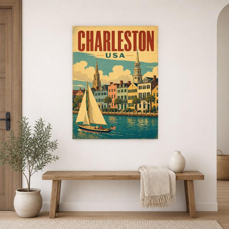 Póster turístico de Charleston | Lámina vintage de Rainbow Row de los años 50 | Arte mural retro de Carolina del Sur | Decoración de mediados de siglo imagen 10