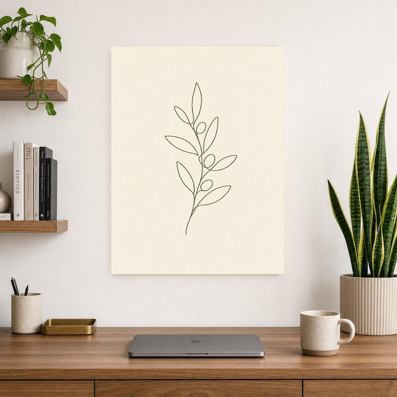 One Line Olive Branch Wall Art Print | Minimalist Line Art Print | Botanical Leaf Poster | Ivory Kitchen Decor | Japandi Sage Line Art image 8