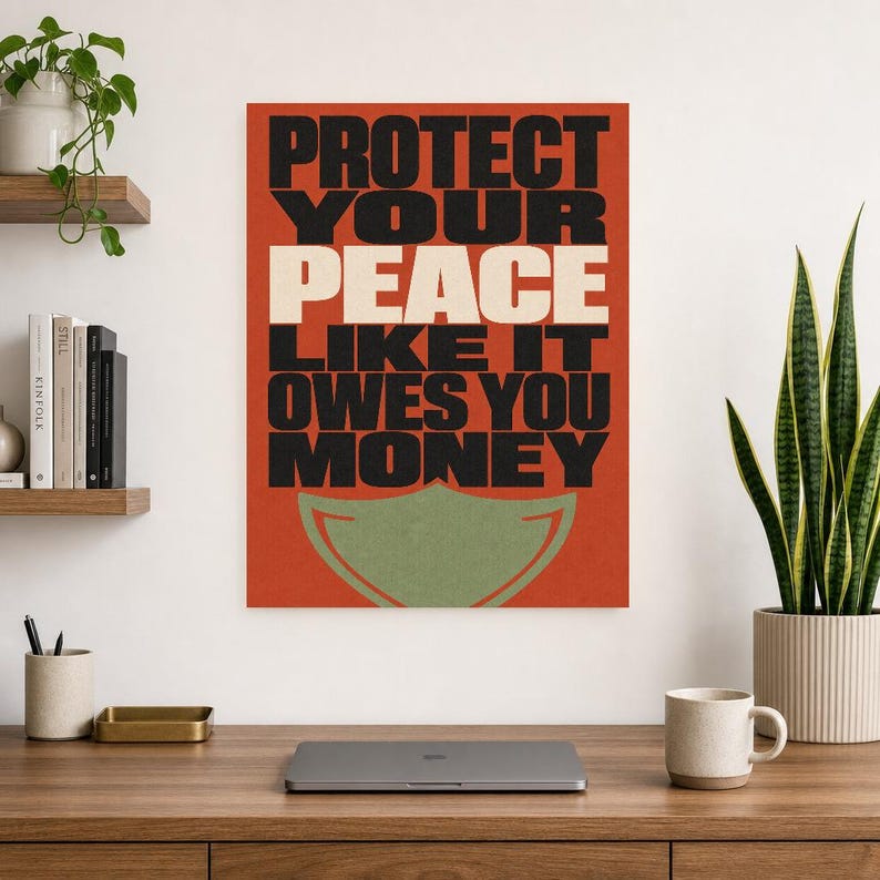 Skydda din fred-poster | Djärv typografisk väggkonsttryck | Självvårdscitattryck | Boho bekräftelsedekor | Gåva för mental hälsa bild 9