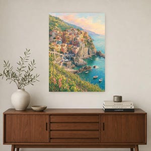 Reisposter Cinque Terre | Zachte schildering Italië Muurdecoratie | Kustprint van Manarola | Gedrukt en verzonden afbeelding 2