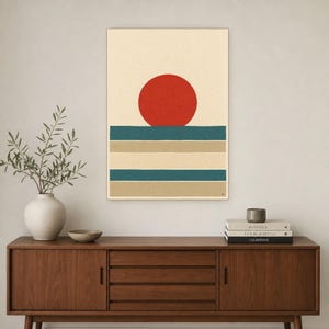 Tomato Red Sun Nordic Lake Wall Art Print | Minimalist Sun Poster | Cut-Paper Mid-Century Print | Gray Blue Scandi Decor image 2