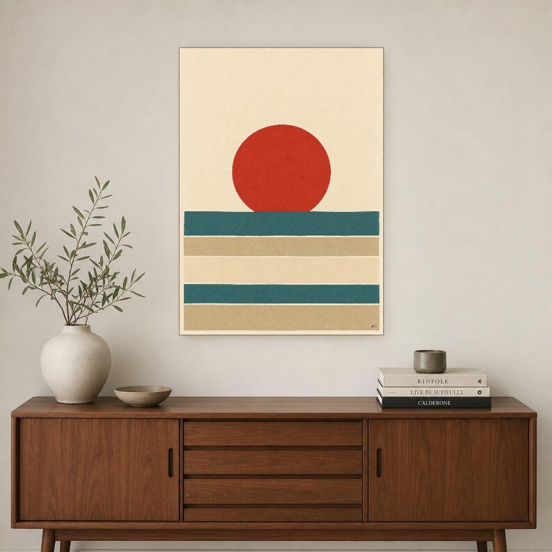 Tomato Red Sun Nordic Lake Wall Art Print | Minimalist Sun Poster | Cut-Paper Mid-Century Print | Gray Blue Scandi Decor image 2