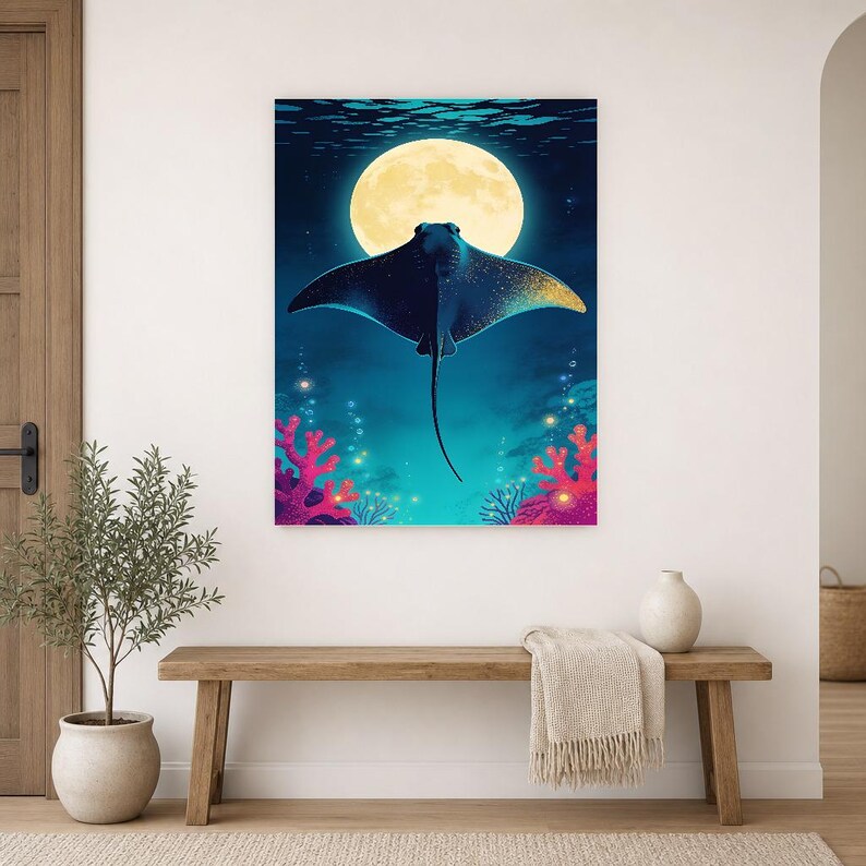 Bioluminescent Manta Ray Poster | Deep Sea Ocean Bathroom Wall Art Print | Dark Coastal Night Print image 16