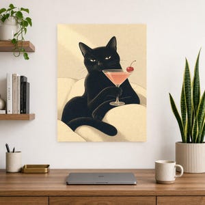 黒猫のカクテルウォールアート |チェリーコスモポスター |バーカートプリント |風変わりなノワールキャットクラブラウンジの装飾 画像 8