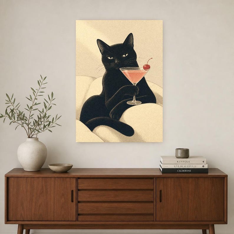 黒猫のカクテルウォールアート |チェリーコスモポスター |バーカートプリント |風変わりなノワールキャットクラブラウンジの装飾 画像 2