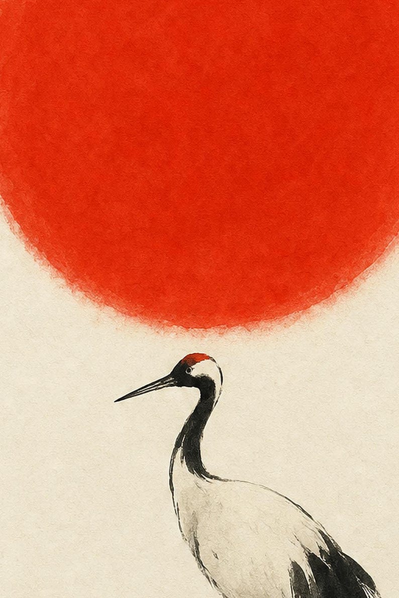 Minimale Rote Sonne Japandi Wandkunst | Einzelkran-Tintendruck | Zen-Wandkunst-Poster Bild 3