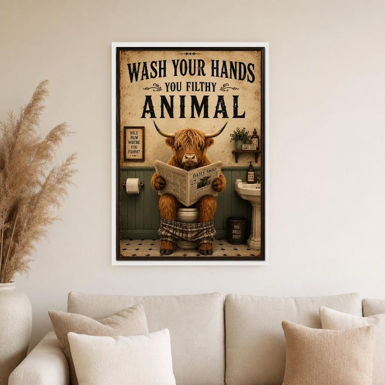 Funny Highland Cow Bathroom Wall Art Print | Wash Your Hands Poster | Vintage Farmhouse Bathroom Print image 4