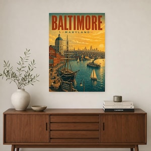 Póster turístico de Baltimore | Lámina vintage del Inner Harbor de los años 50 | Lámina decorativa de Maryland | Decoración urbana de mediados de siglo imagen 2