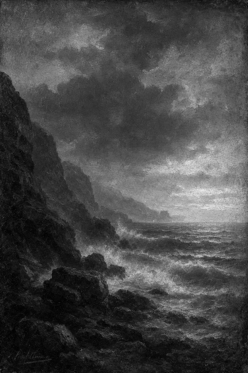 Moody Stormy Rocky Coast Wall Art Print | Vintage Oil Painting Print | Dramatic Seascape Tonalist Decor | Antique Cliff Poster image 10