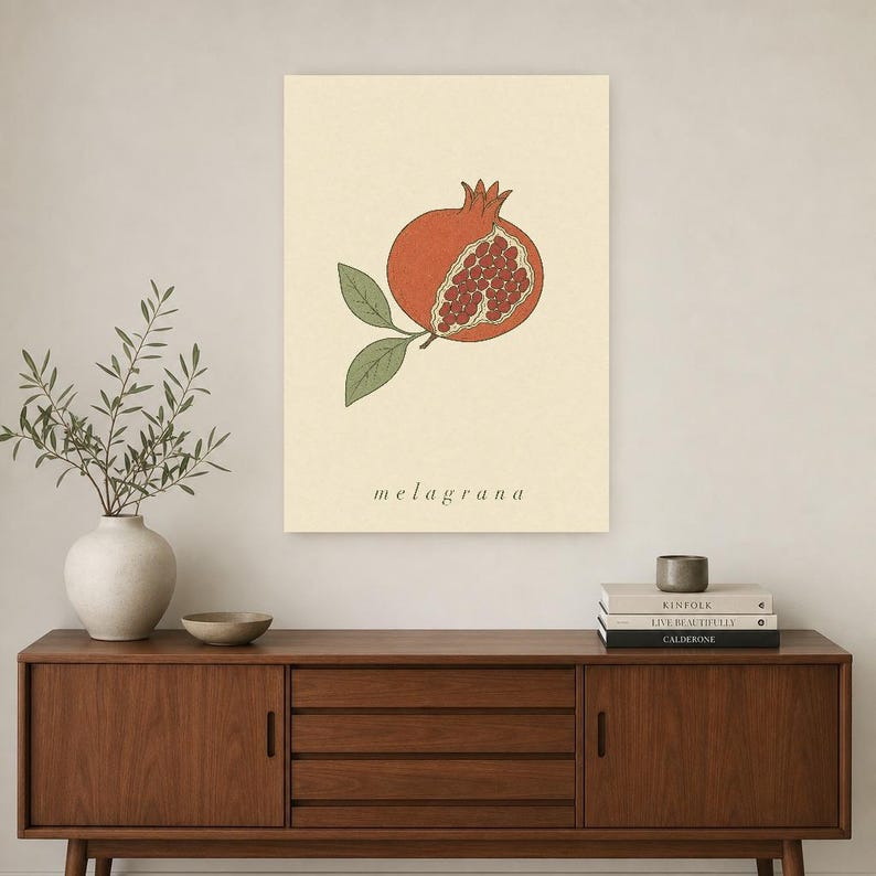 Pomegranate Botanical Wall Art Print | Minimalist Line Art Print | Melagrana Italian Kitchen Poster | Mediterranean Fruit Decor image 2
