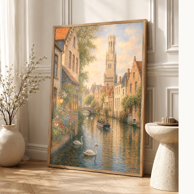 Bruges Travel Poster | Soft Painting Belgium Wall Art | Medieval Canal Cityscape Print | Printed & Shipped image 1