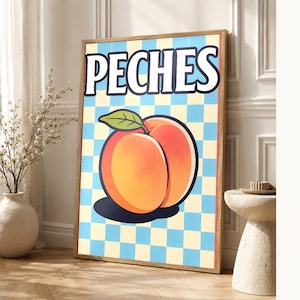 Reprodukcja ściany kuchennej w kolorze brzoskwiniowym | Plakat Owocowy Retro Bistro | Maksymalistyczna kuchnia Cottagecore Print | Wystrój j zdjęcie 1