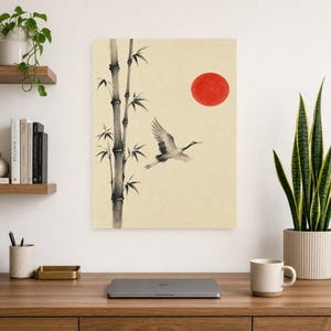 Red Sun Japandi Wall Art Print | Ink Crane and Bamboo | Sumi-e Wabi Sabi Living Room Print image 7