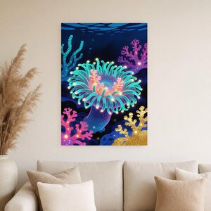 Bioluminescent Sea Anemone Poster | Deep Sea Ocean Bathroom Wall Art Print | Dark Coastal Night Print image 5