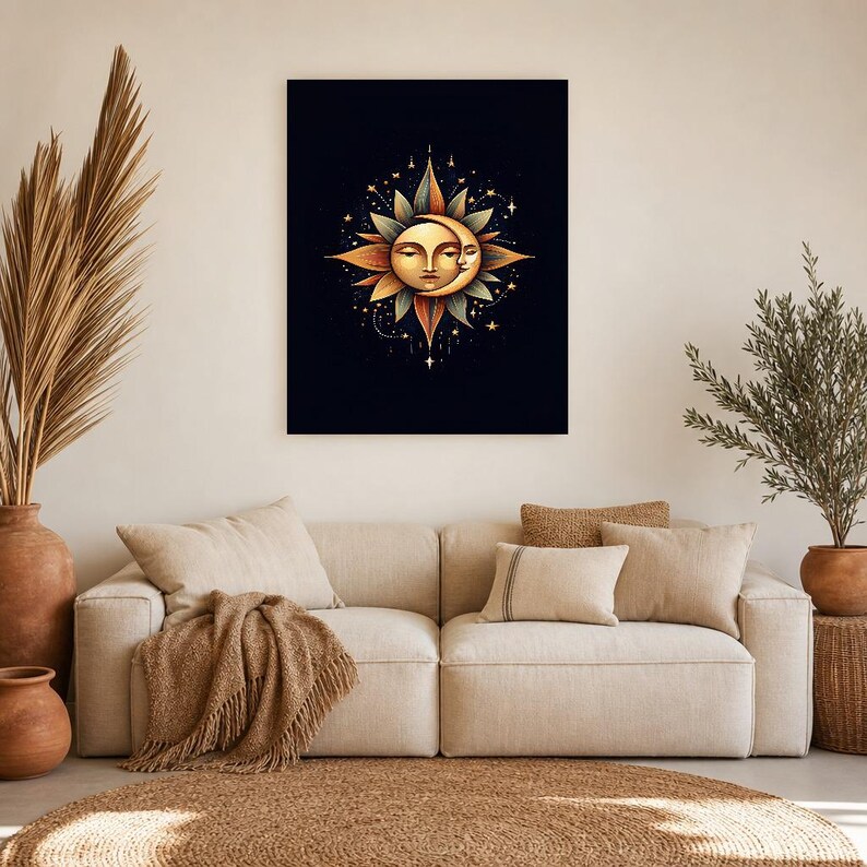 Celestial Sun and Moon Wall Art | Gold Mystical Face Poster | Boho Moon Phase Bedroom Print image 6