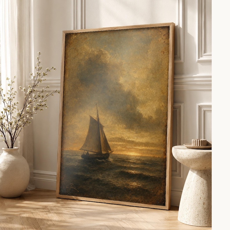 Moody Vintage Sailboat Seascape Wall Art Print | Antique Oil Painting Print | Dark Academia Coastal Decor | Tonalist Marine Poster image 1